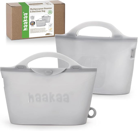 Haakaa Silicone Microwave Steamer & Steriliser Bag, 70oz/2000ml Large Capacity Reusable Steaming Bags for Baby Bottles, Breast Pump, Accessories, Pacifiers,Teethers, Great for Home&On The Go,Grey/2PCS