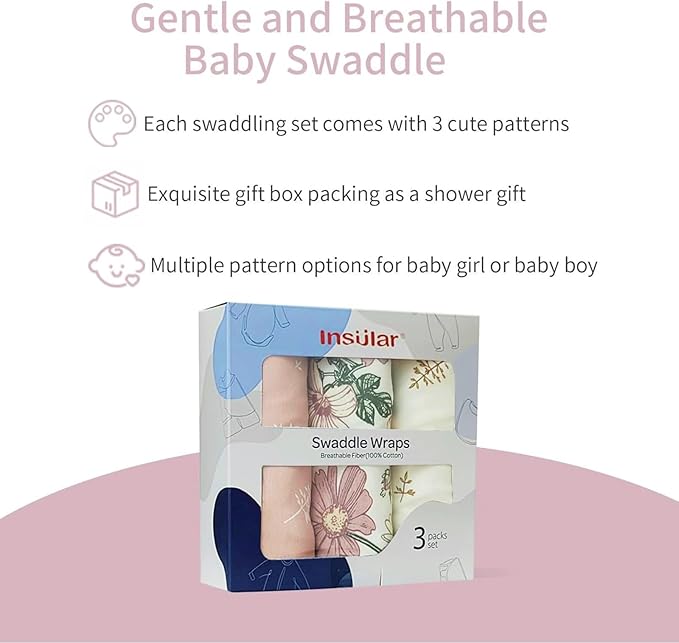 insular Baby Swaddle Wrap, Swaddle Blanket for Newborn and Infant, Adjustable Velcro Swaddling Set for Boy and Girl, Soft Cotton Baby Sleep Sack 3 Pack, Floral, Medium(3-6M)