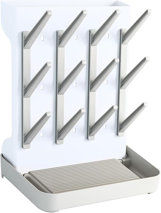Baby Bottle Drying Rack - Vertical Space Saving Design with 12 Pegs, Holds Bottles, Pump Parts & Pacifiers, Dishwasher Safe & Quick Drain, Gray