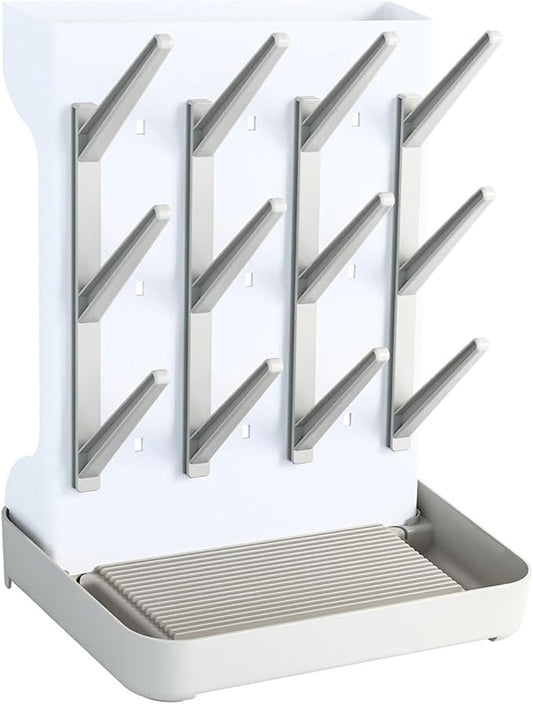 Baby Bottle Drying Rack - Vertical Space Saving Design with 12 Pegs, Holds Bottles, Pump Parts & Pacifiers, Dishwasher Safe & Quick Drain, Gray