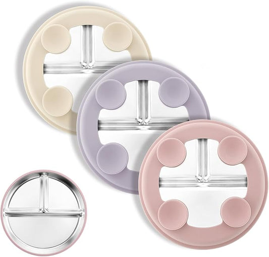Stainless Steel Suction Plates for Toddlers, 8" Divided Kids Baby Plates with Removable Silicone Suction, Non Toxic Non Slip Portion Control Snack Dishes 3 Packs, Pink Beige Lilac