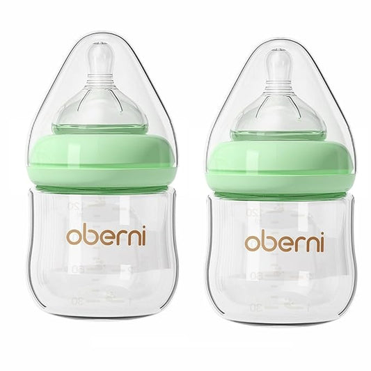 Glass Baby Bottles,Anti Colic Breastfeeding Bottle with Natural Response Nipple Size S,Wide Neck Slow Flow Baby Bottle for Baby,Newborn,Preemie 0-3 0-6 Month,BPA Free (Green, 2 Pack, 4 Ounce)