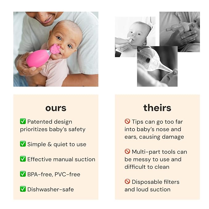 oogiebear: Baby Nasal Aspirator - Safe Booger & Earwax Remover for Newborns, Infants, Toddlers - Better Syringe, Airtight Suction, Nose Sucker - Essential Baby Stuff, Diaper Bag Must-Haves, Pink