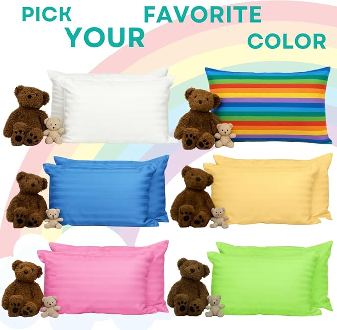 kinder Fluff Pre-Teen Pillows (2-Pack) 17x26in – Pillows for Kids Age 12+, 100% Cotton Sateen Stripes 300T, Down Alternative Fill, Machine Washable – Travel Cushions – Green – XL