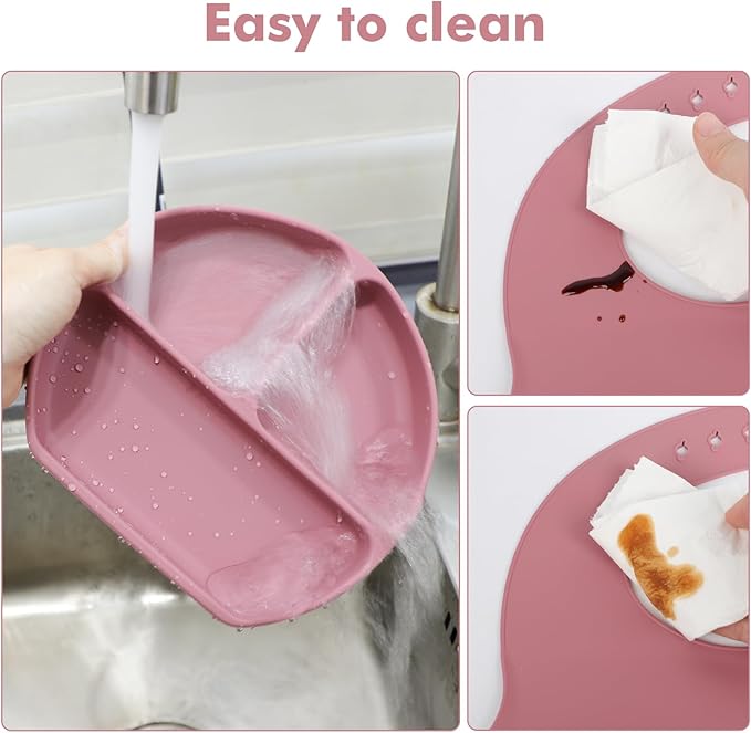 Silicone Baby Feeding Set 15 Pcs，Baby Spoons Suction Bowl Divided Plate Bib Cup Finger Brush ，Baby Led Weaning Supplies,Baby & Toddler Silicone Plates and Bowls Dining Set（pink）