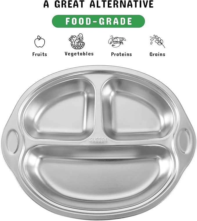 Stainless Steel Baby Suction Plates: Divided Plates for Babies and Toddlers, Made of 100% Food-Grade Materials Ideal for Baby-Led Weaning BPA-Free Toddler Feeding Dishwasher Safe Green