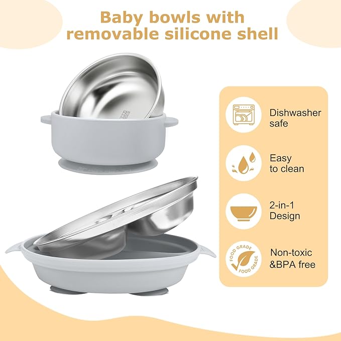 Stainless Steel Baby Plates with Suction, Toddler Plates with Removable Silicone Shell for Kids, Non-Slip Toddler Baby Feeding Set, Forks + Spoons Included-Gray