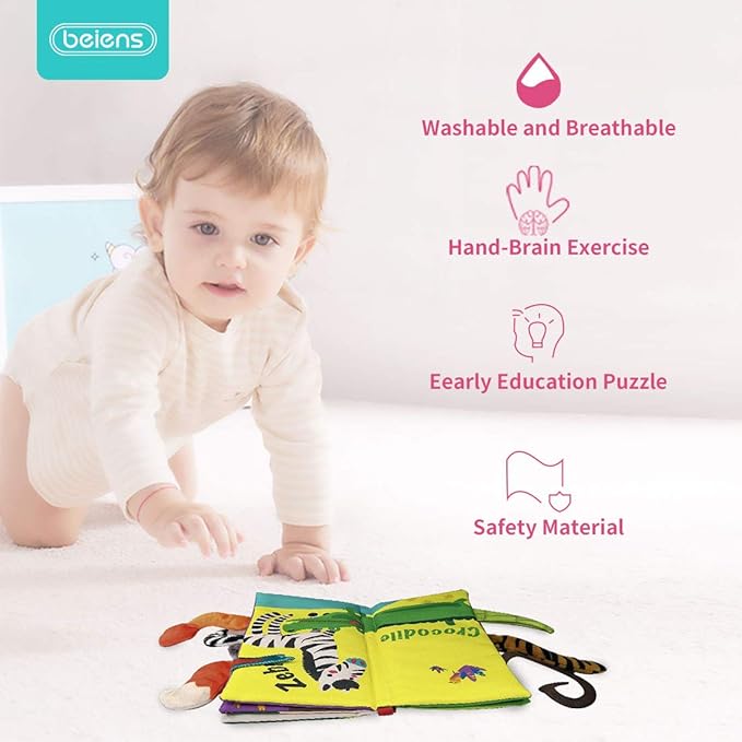 beiens Soft Toys Baby Cloth Books, Touch and Feel Crinkle Books for Babies, Infants & Toddler, Early Development Interactive Car Toys & Stroller Toys for Boys & Girls (Rainforest Tails-1 Book)