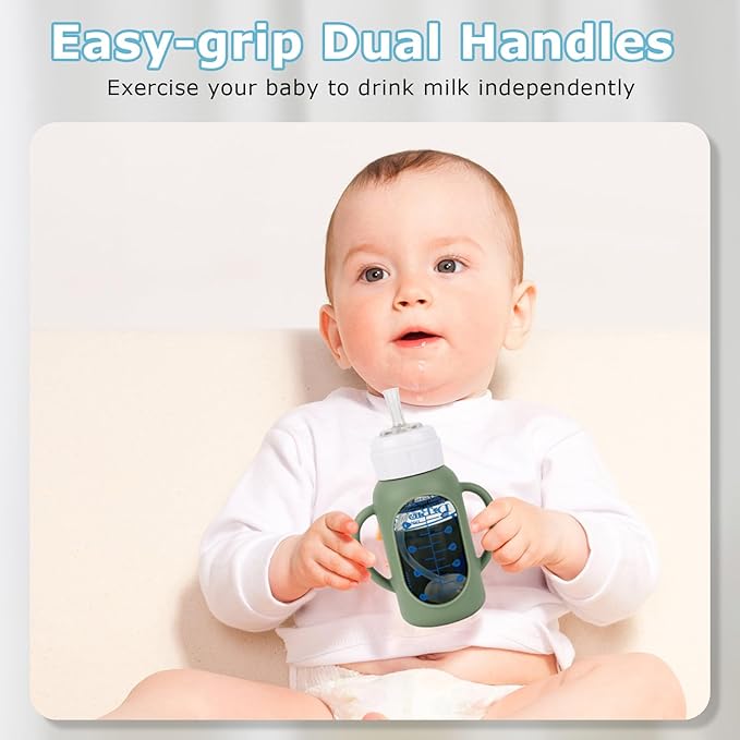 Straw Cup Conversion Kit with Silicone Sleeves for Dr. Brown's Narrow Glass Baby Bottle 4oz,Anti Breakage Baby Bottles Replacement Kit with Handle and Soft Straw Top,6m+,Set of 4