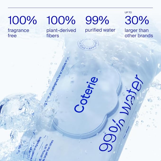 Coterie Baby Wipes + Diapers Kit, Size 1 (99 Count) & Size 2 Diapers (186 Count), 4 Pack (224) Baby Wipes with 99% Water, Plant Based Materials, Hypoallergenic for Sensitive Skin