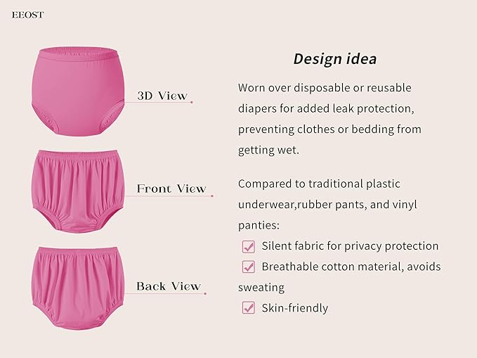 Adult Diaper Cover for Incontinence Noiseless Leak-Protection Underwear Plastic Pants Over Diapers Waterproof Rubber Pants (Pink, XXXL)