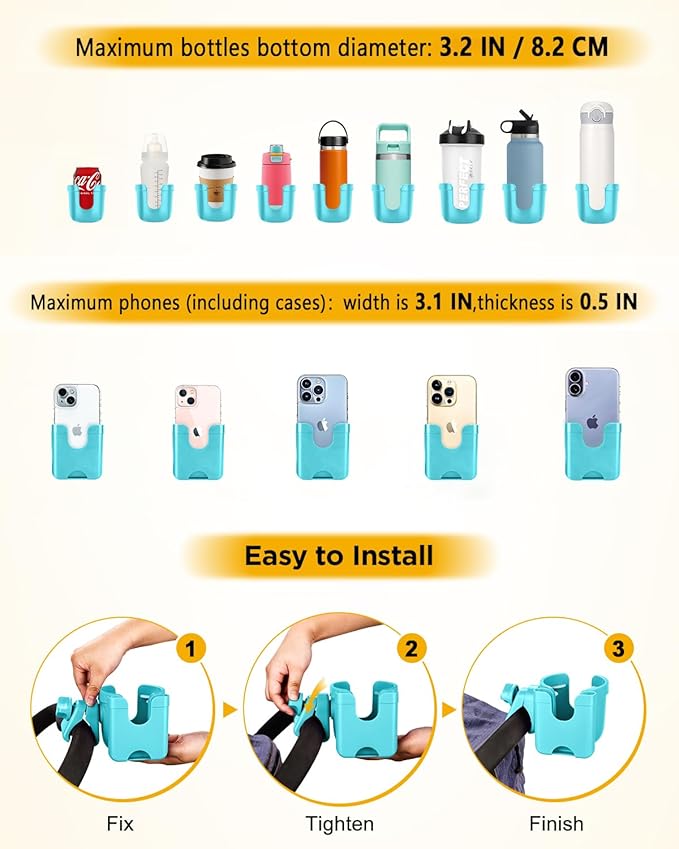 Universal Stroller Cup Holder with Mobile Phone Case, 2-in-1 Strollers Storage Rack, 360 Degrees Rotation Drink Holder for Bike, Pushchair, Wheelchair, Walker,Bicycle, Fits Most Cups (Blue)