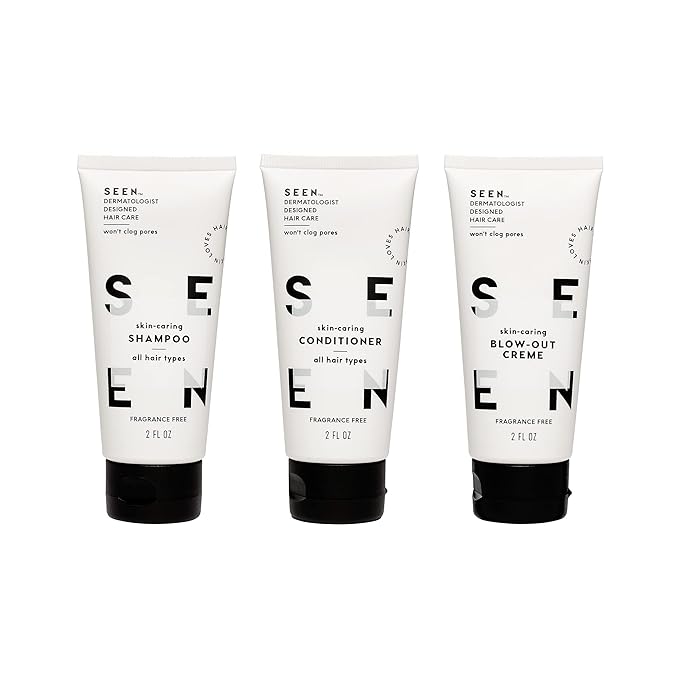 SEEN Travel Trio, Fragrance Free - Non-Comedogenic & Sulfate-Free Blow-Out Hair Cream, Shampoo & Conditioner Set- Reduces Frizz- Heat Protectant- Safe for Sensitive & Eczema Prone Skin