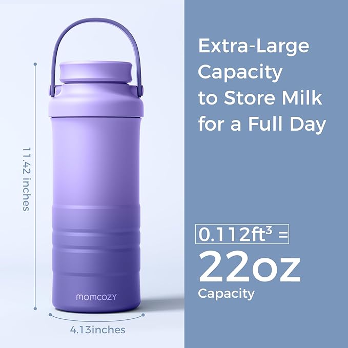 Momcozy 22oz Portable Breast Milk Cooler for Outdoor, Life Saver with 360° Total Cooling for 24 Hours, Larger Capacity Travel Breastmilk Chiller with 2pcs Baby Bottles for Breastmilk Storage, Purple