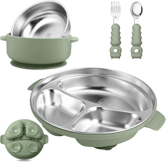 Stainless Steel Baby Plate and Bowl with Suction, Baby Bowl and Divided Kids Toddler Plate with Removable Silicone Shell, Non-Slip Toddler Baby Feeding Set, Forks + Spoons Included-Green