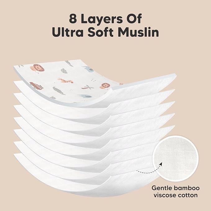 5-Pack Muslin Burp Cloths Baby Boy, Girl - Very Absorbent Baby Burp Cloth Rags, 8-Layers Viscose Derived from Bamboo Cotton Muslin Towel, Super Soft Spit Up Rags, No Shrink Washcloths (Wilderness)