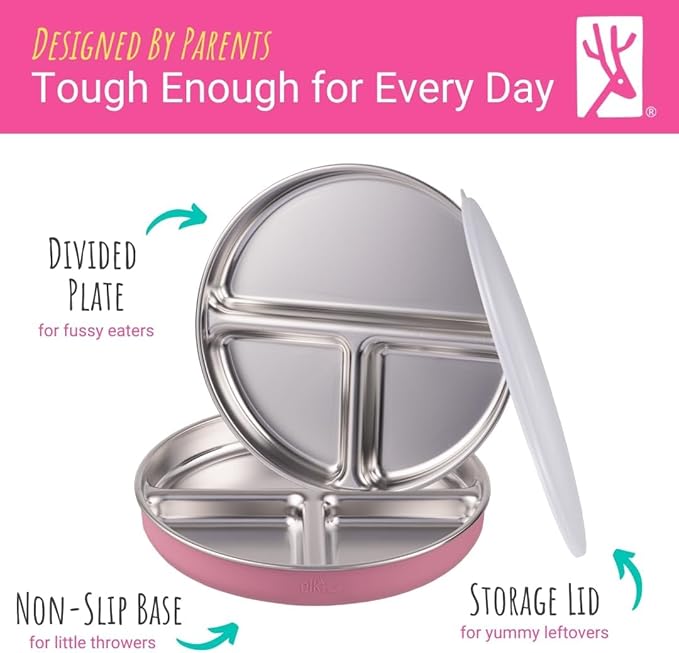 Stainless Steel Divided Plates + Silicone Sleeve and Storage Lid | Baby, Toddler, Kids | Dinner & Snack Plates | 4 Pack