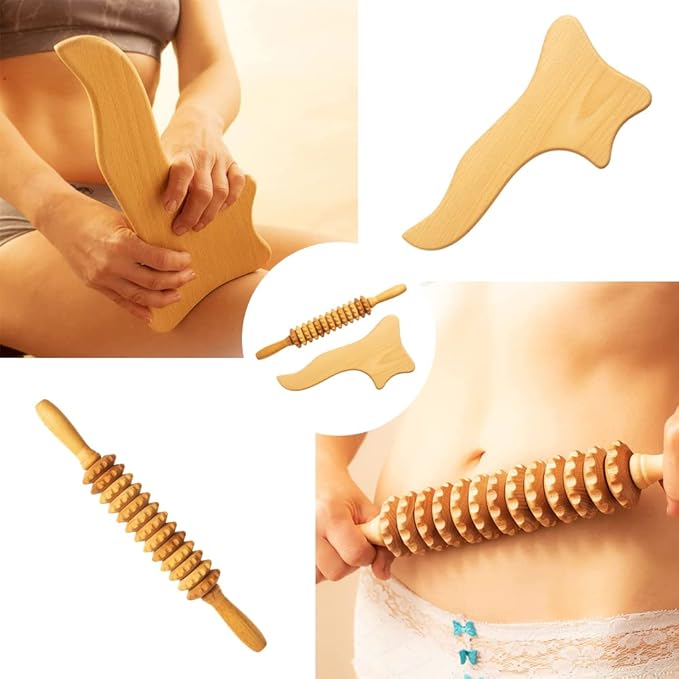 Wood Massage Tools - 2 in 1 Wooden Lymphatic Massager Straight Roller Stick and Gua Sha Paddle Set - Massage Kit for Lymphatic Drainage, Body Sculpting, Muscle Shaping, Maderoterapia