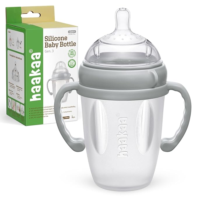 haakaa Gen. 3 Silicone Baby Bottle 250ml /8.4oz – Baby Bottles for Babies 6M+, BPA-Free Breastfeeding Baby Bottle with Natural Latch, Variable Flow Anti-Colic Silicone Baby Bottle– Grey