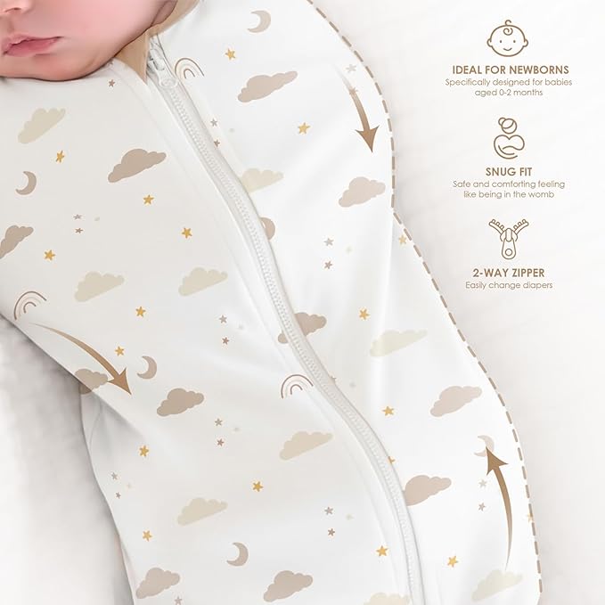 Baby Swaddle 0-2 Months, Cotton Arm-In Zipper Sleep Sack, Wearable Blankets Wrap for Newborn Infant Girls, Boys (Bear, Star Moon, Pack of 2)