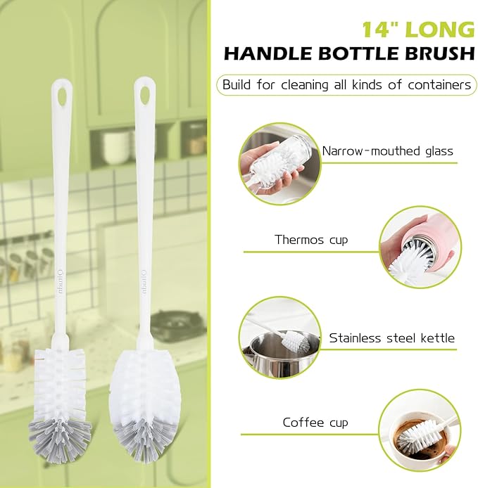 2 Pack 14 Inch Bottle Brush & 12 Inch Straw Brush Cleaner Set - Heavy Duty Kitchen Bottle Brushes for Cleaning Water Bottles, Mugs, Sippy Cups & Tumblers, Lab Use (Large)