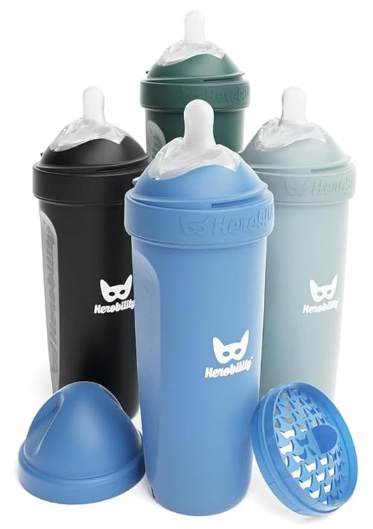 Herobility Double Anti-Colic Baby Bottles – 12 fl oz/340ml – 4-Pack – Multicolor – Denim, Black, Dusky Green, Gray