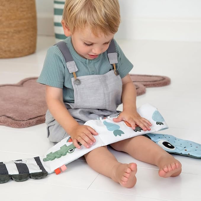 Done by Deer Fold-Out Soft Book Croco Green - Baby Activity Toy for Curious Little Minds and Fingers - High Contrast Patterns - Crinkle Baby Toys - Baby Tummy time Toys