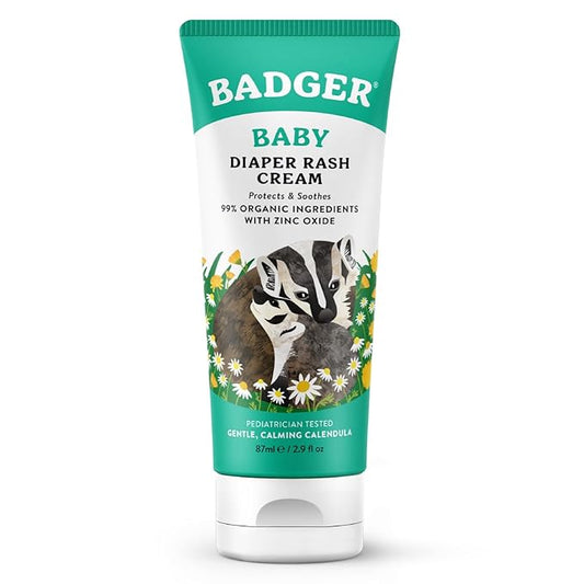 Badger Diaper Cream, 99% Organic Diaper Rash Cream for Baby, Zinc Oxide Ointment w/Soothing Calendula Cream for Sensitive Baby Skin, 2.9 fl oz