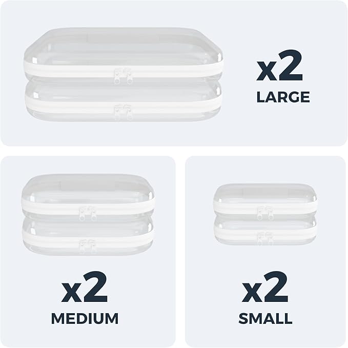 Extra Large 13.7" Durable Clear Hard Shell Zipper Case 6 Pack, 2x Large, 2x Medium, 2x Small, Clear Travel Makeup Case, Hard Plastic Travel Toiletry & Cosmetic Bag, Toy & Make Up Organizer Pouch