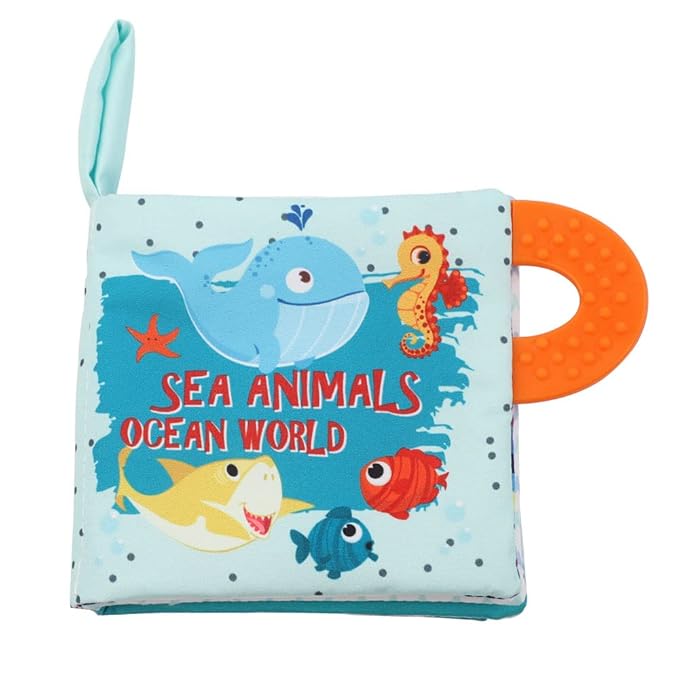 Baby Book Toy, Soft Cloth Crinkle Books for Babies with Teether, Infant Toys 0-3-6-12-18 Months, Shower Baby Gifts, Teething Toy for Boys Girls- Fish, Shark-1PCs