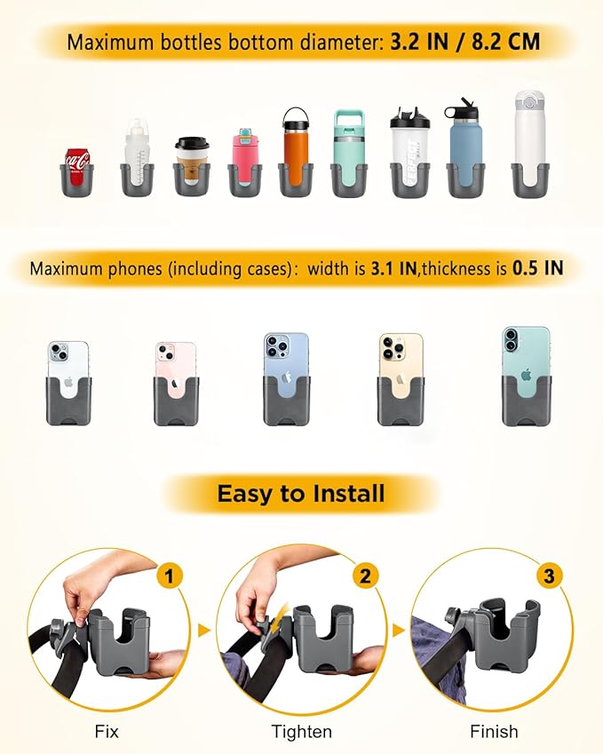 Universal Stroller Cup Holder with Mobile Phone Case, 2-in-1 Strollers Storage Rack, 360 Degrees Rotation Drink Holder for Bike, Pushchair, Wheelchair, Walker,Bicycle, Fits Most Cups (Gray)