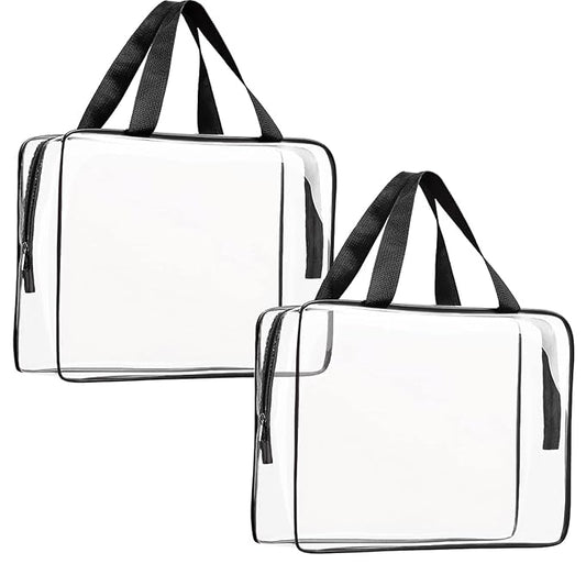 2Pcs Crystal Clear PVC Travel Toiletry Bag Kit for Women Men, Waterproof Vinyl Packing Organizer Storage Bags with Zipper Handle Straps, Cosmetic Pouch Carry on Airport Airline Compliant Bag Handbag