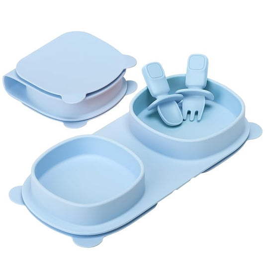 Baby Plates with Suction with Forks and Spoons,Foldable Silicone Toddler Plates,Baby Travel Essential,Microwave & Dishwasher Safe,Baby Blue