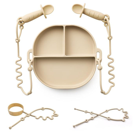Andy Bear Silicone Plates for Babies with Suction Divided Baby Spoons Silicone Baby Toy Straps All-in-one Plates Silicone Placemat for Babies Toddlers Attachable Tethers & Built-in Suction Cups-Ivory