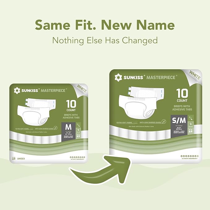 SUNKISS Masterpiece Adult Diapers with Tabs, Unisex Disposable Incontinence Briefs for Women and Men, Odor Control, White, Small/Medium, Previously M, 40 Count (4 Packs of 10)
