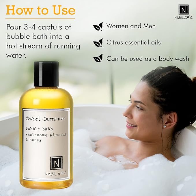 Sweet Surrender Travel Size Bubble Bath with Almond & Honey Scent by Nabila K - Essential Oils, Natural Ingredients for Sensitive Skin, Gentle, Moisturizing - Luxury for Women & Men, 2 oz