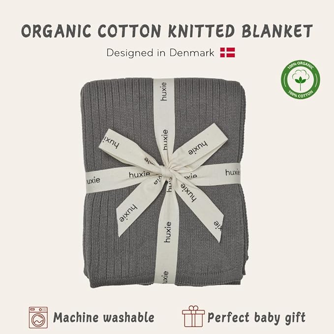 Knitted Organic Cotton Baby Blanket- Swaddle Blanket, 30" x 40" Soft Receiving Blanket for Newborn (Ribbed-Cloud Grey)