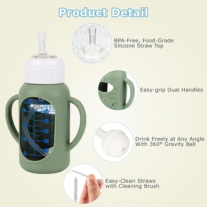 Straw Cup Conversion Kit with Silicone Sleeves for Dr. Brown's Narrow Glass Baby Bottle 4oz,Anti Breakage Baby Bottles Replacement Kit with Handle and Soft Straw Top,6m+,Set of 4