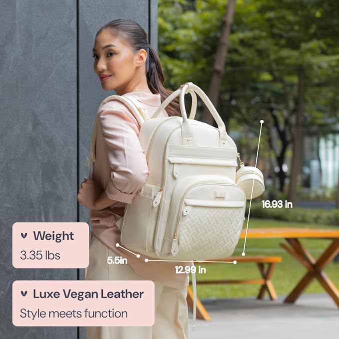 BabbleRoo Leather Diaper Bag Backpack - Baby Essentials Travel Baby Bag, Multi function, Water Resistant, with Changing Pad, Stroller Straps & Pacifier Case – Unisex, Eggshell White