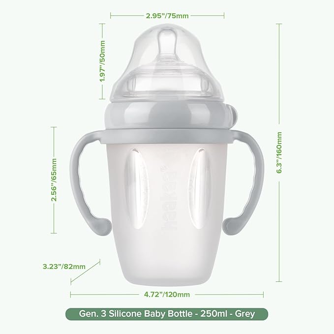 haakaa Gen. 3 Silicone Baby Bottle 250ml /8.4oz – Baby Bottles for Babies 6M+, BPA-Free Breastfeeding Baby Bottle with Natural Latch, Variable Flow Anti-Colic Silicone Baby Bottle– Grey