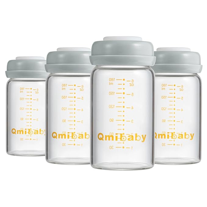 Glass Breastmilk Storage Bottles 180ml 6oz BPA-Free Leak-Proof Natural Baby Bottle for Breastmilk Storage Wide Neck Bottles with Screw Ring Sealing Disk Breastfeeding (Grey, 180ml-4Packs)