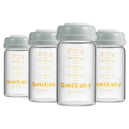 Glass Breastmilk Storage Bottles 180ml 6oz BPA-Free Leak-Proof Natural Baby Bottle for Breastmilk Storage Wide Neck Bottles with Screw Ring Sealing Disk Breastfeeding (Grey, 180ml-4Packs)