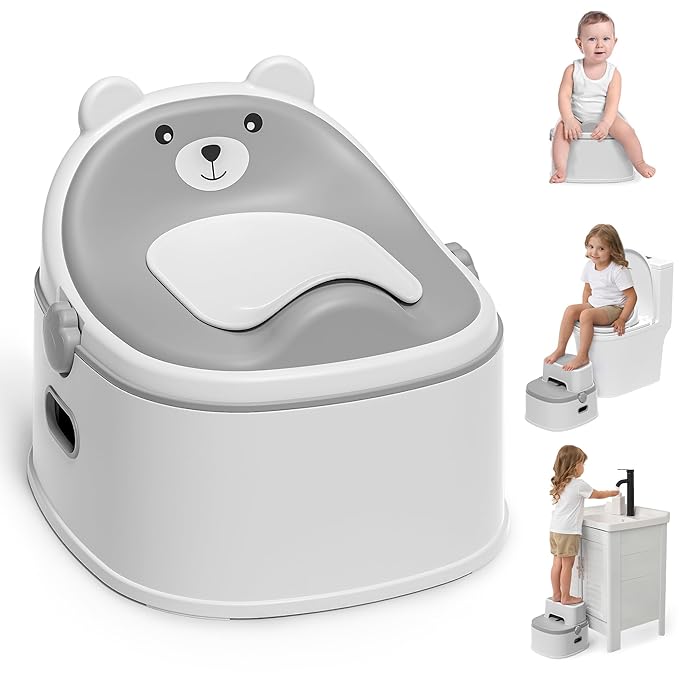 3-in-1 Potty Training Toilet, Portable Potty, Potty Training Seat and Toddler Step Stool, Easy Setup and Clean, Anti-Slip Toddler Potty Trainer for Boy Girl,Grey