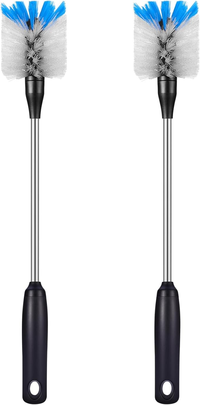 Stainless Steel Bottle Brush with Replaceable Head, 2 Pack Long Handle Scrubbing Brush for Water Bottles, Glasswares, Mugs, Flasks, Tumblers, Vases, and Kitchen Sink, 15 in