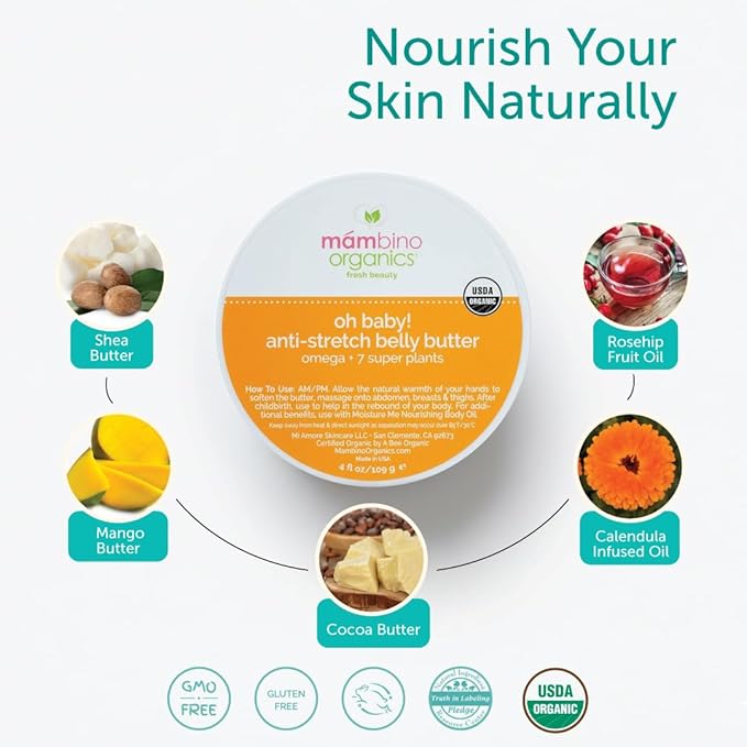 Mambino Organics Oh Baby! Belly Butter, Belly Cream with Shea Butter for Pregnancy, Minimizes Stretch Marks, Vegan, Cruelty-Free, Maternity Skin Care, 2-Pack, 4 fl oz