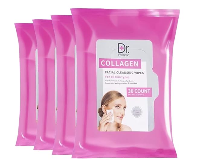 Dr. Wellness Gentle Cleansing Facial Wipes Variety Pack for All Skin Types, 30 Count (Pack of 4), Collagen