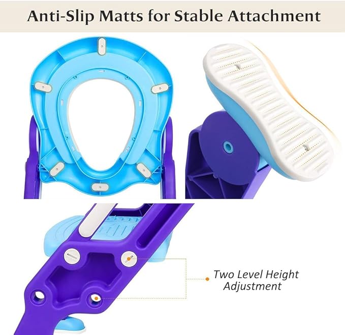 Potty Training Toilet Seat with Step Stool Ladder for Kids and Toddlers Adjustable Toilet Training Seat with Soft Not-Cold Padded Seat Safe Handles and Non-Slip Wide Steps, Purple and Blue