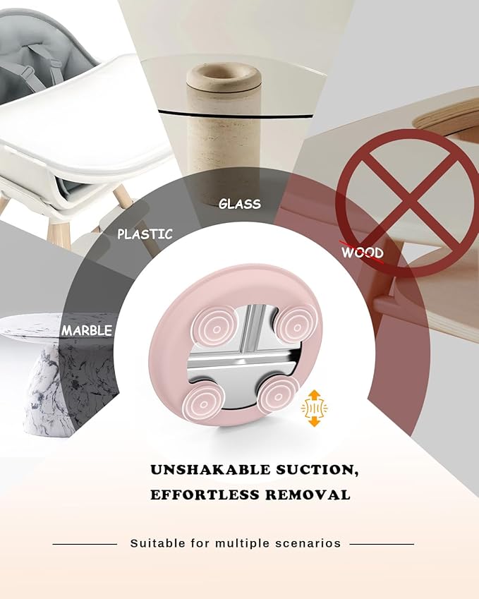 Stainless Steel Suction Plates for Toddlers, 8" Divided Kids Baby Plates with Removable Silicone Suction, Non Toxic Non Slip Portion Control Snack Dishes 3 Packs, Pink Beige Lilac