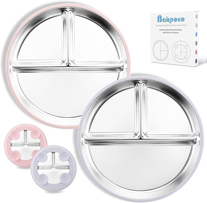 Stainless Steel Baby Plate with Suction, 9” Divided Toddler Plates with Removable Silicone Sleeves for Kids, Non-Toxic Non-Slip Unbreakable Dishwasher Safe Dinnerware Set of 2, Pink & Lilac