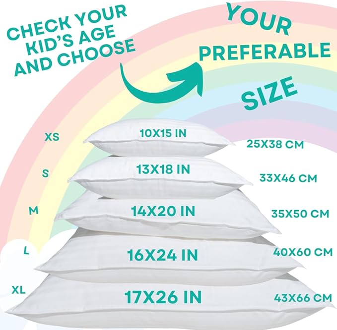 kinder Fluff Children Pillows for Bed (2X) 14x20in- The Only Kids Pillow 300T Cotton Shell & Down Alternative Fill - Travel Pillow for Children Bedding Set Sleeping Pillow Floor Bed Pillows- White- M